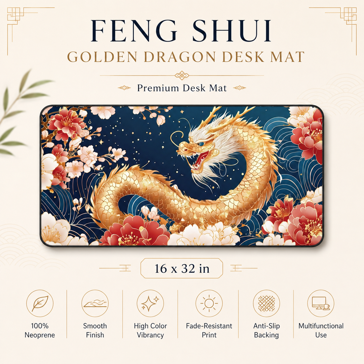 Golden Chinese Dragon Feng Shui Desk Mat, Wealth, Prosperity & Yang Energy Office Decor, 16x32 Neoprene Large Mouse Pad Gift