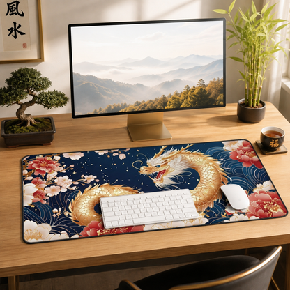 Golden Chinese Dragon Feng Shui Desk Mat, Wealth, Prosperity & Yang Energy Office Decor, 16x32 Neoprene Large Mouse Pad Gift