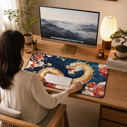 Golden Chinese Dragon Feng Shui Desk Mat, Wealth, Prosperity & Yang Energy Office Decor, 16x32 Neoprene Large Mouse Pad Gift