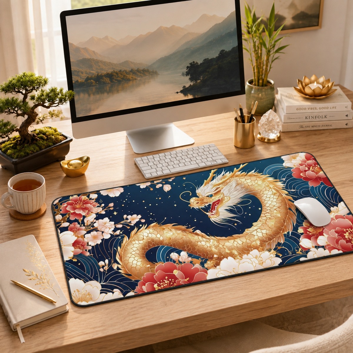 Golden Chinese Dragon Feng Shui Desk Mat, Wealth, Prosperity & Yang Energy Office Decor, 16x32 Neoprene Large Mouse Pad Gift