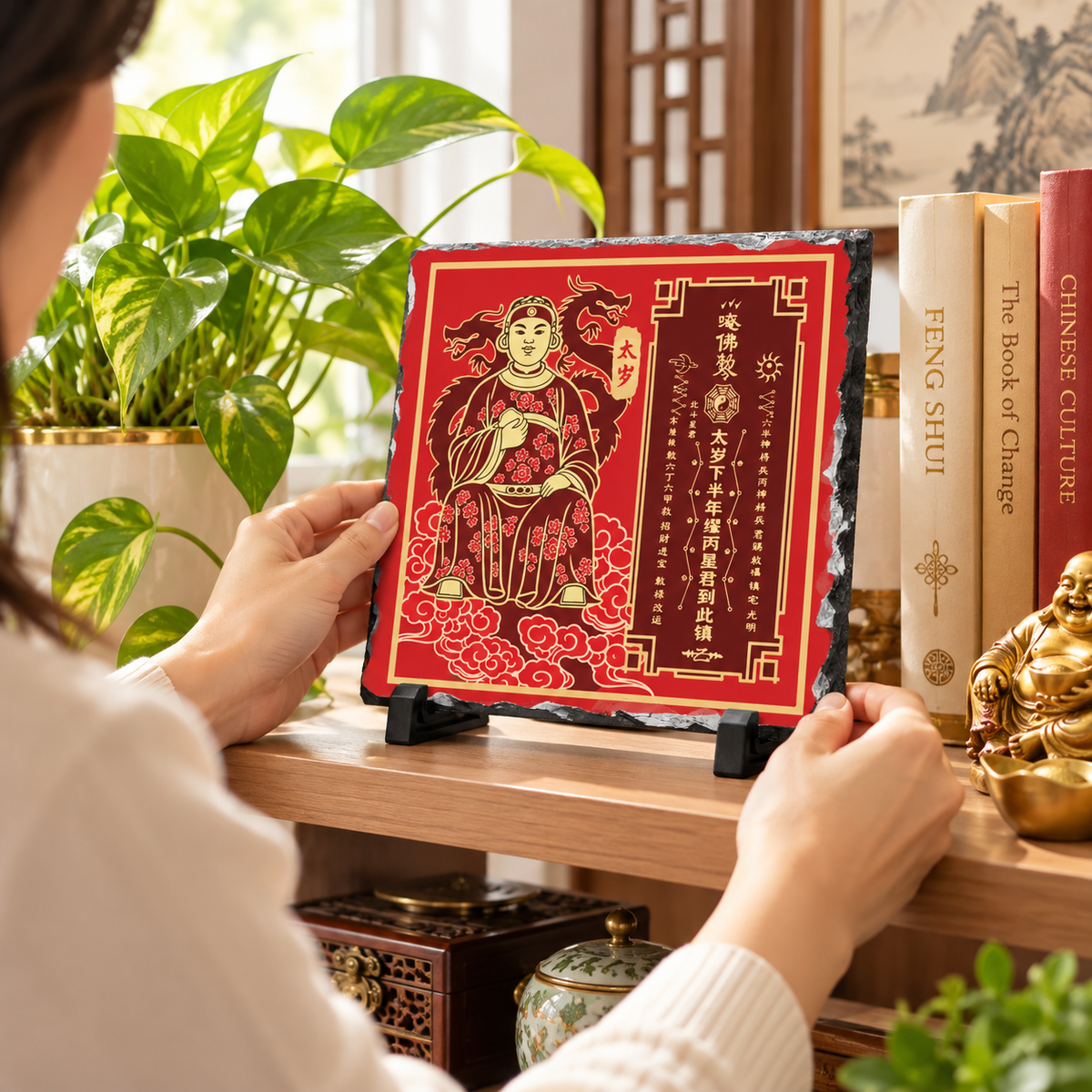 Tai Sui Plaque 2027, General Miao Bing, Natural Slate Feng Shui Plaque, 8" x 8"