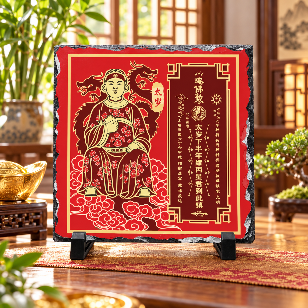 Tai Sui Plaque 2027, General Miao Bing, Natural Slate Feng Shui Plaque, 8" x 8"