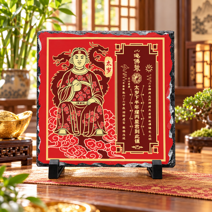 Tai Sui Plaque 2027, General Miao Bing, Natural Slate Feng Shui Plaque, 8" x 8"