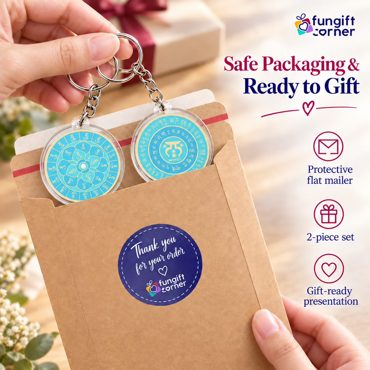 28 Hums Safety Talisman Feng Shui Keychains, Acrylic (2 Pack)