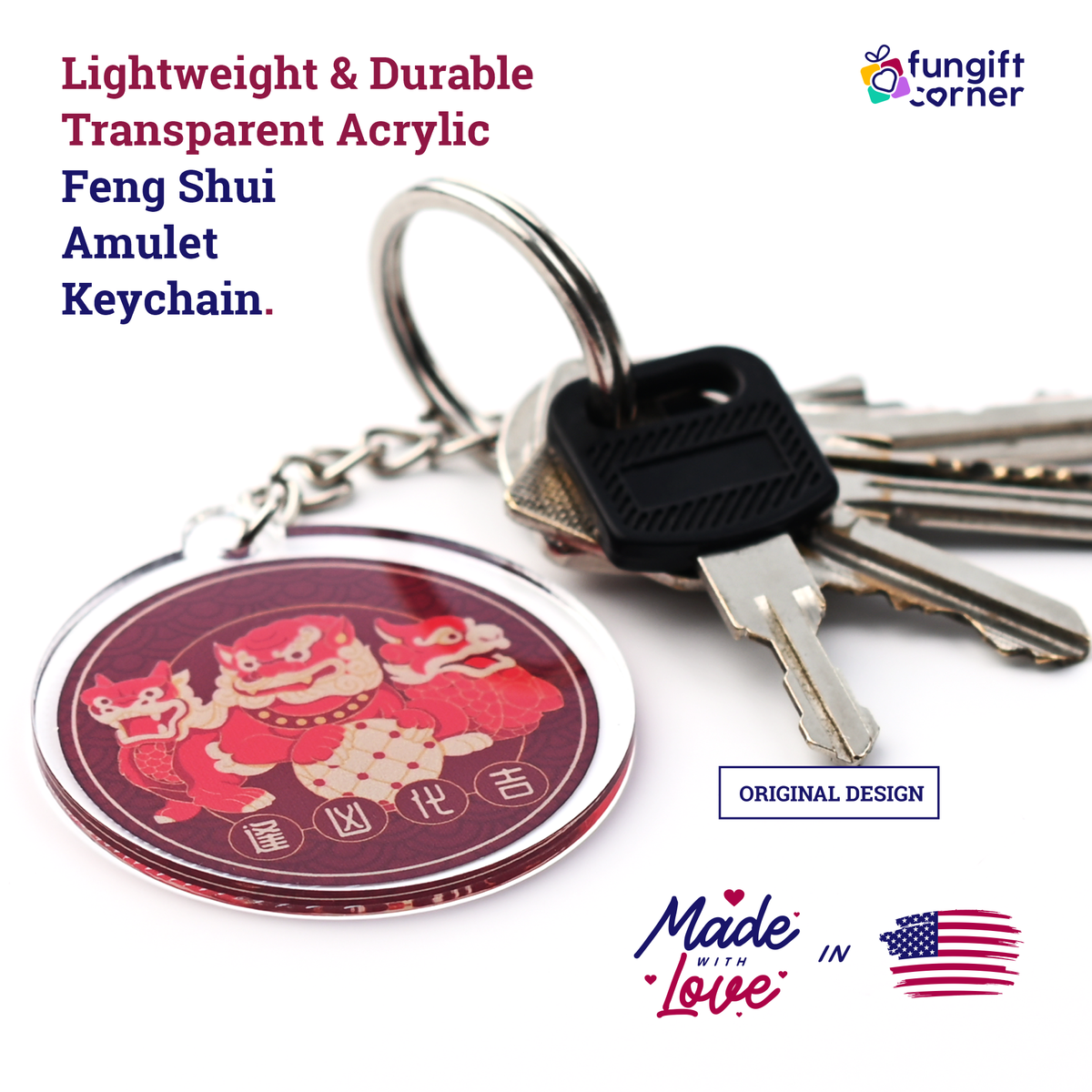 Three Celestial Guardians Feng Shui Keychains with Ksiddigarbha Implements, Acrylic (2 Pack)