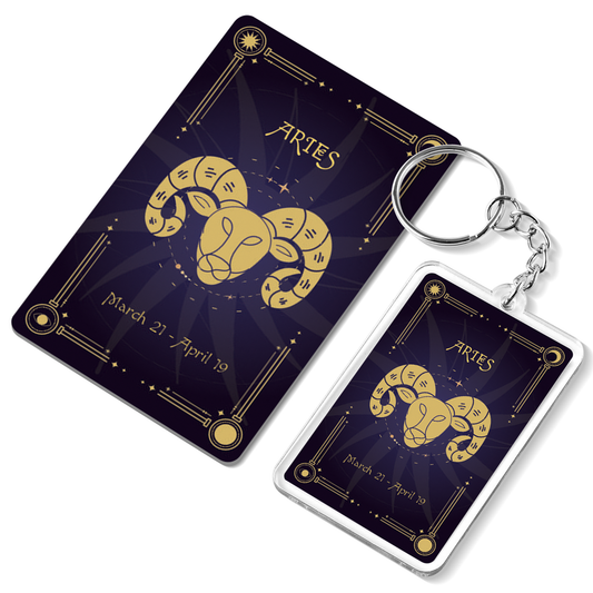 Aries Zodiac Gift Set, Astrology Horoscope Keychain and Card, Unique Aries Birthday Gift for Women and Men, January February Zodiac Sign Constellation Accessory, Made in USA (2-Pack)