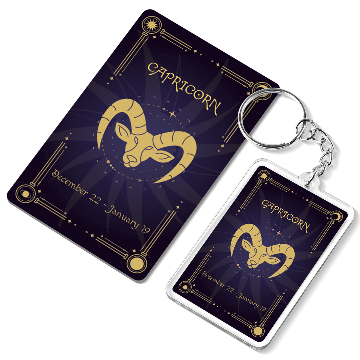 Capricorn Zodiac Gift Set, Astrology Horoscope Keychain and Card, Unique Capricorn Birthday Gift for Women and Men, December January Zodiac Sign Constellation Accessory, Made in USA (2-Pack)