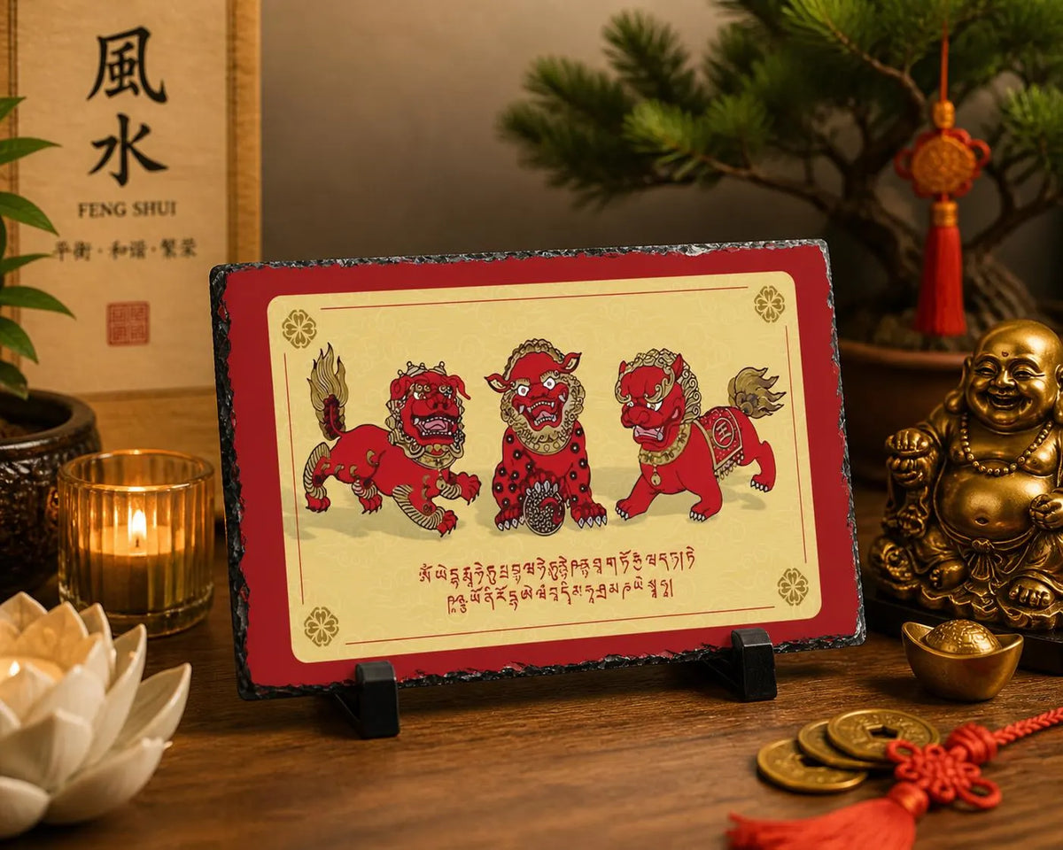 3 Celestial Guardians Feng Shui Slate Plaque, Chi Lin ,Pi Yao and Fu Dog