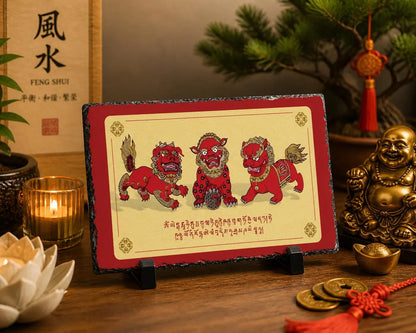 3 Celestial Guardians Feng Shui Slate Plaque, Chi Lin ,Pi Yao and Fu Dog