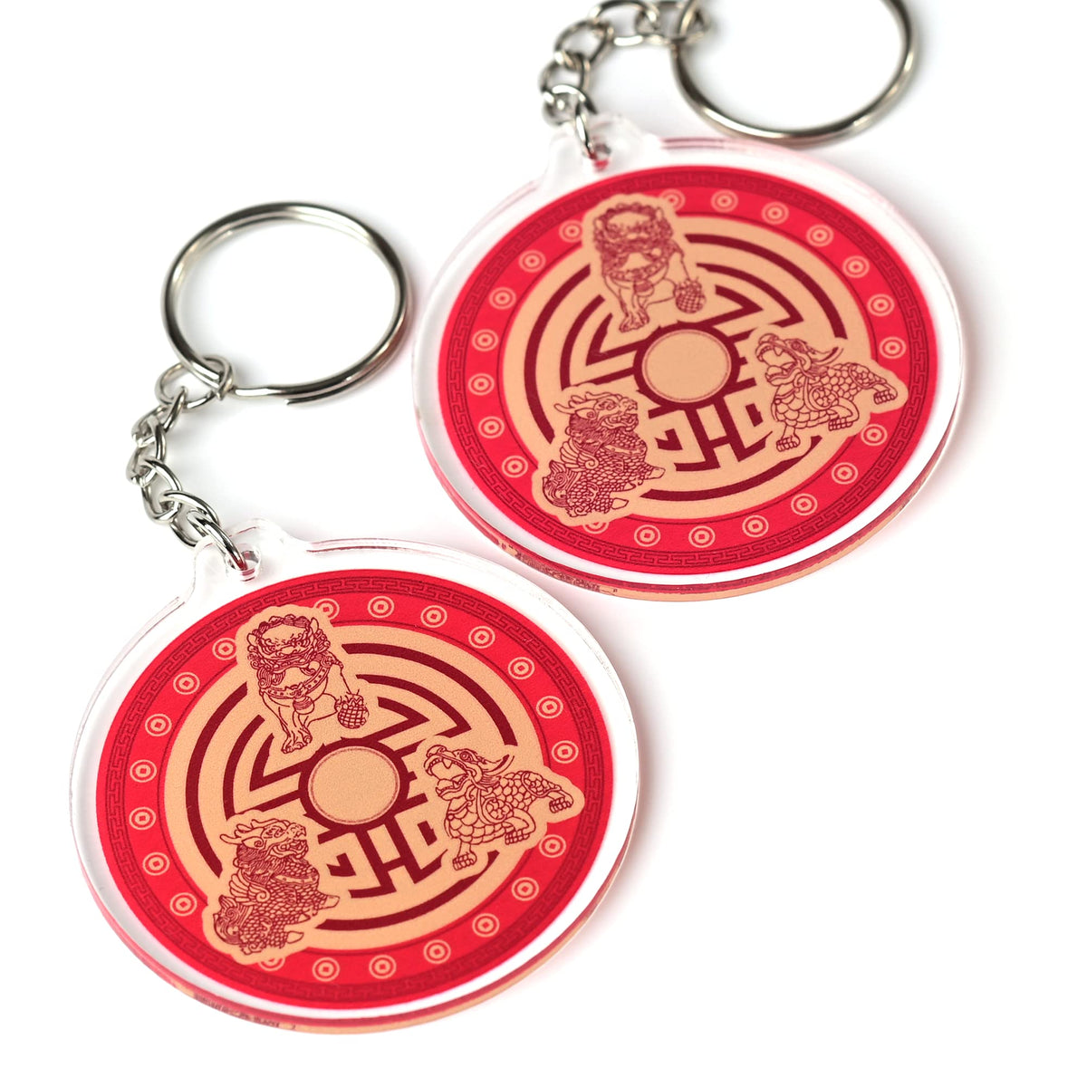 Set of 2 Three Celestials Protection Shield Amulet Keychains, Feng Shui Symbol for Protection, 2.16" Diameter x 0.16"H Thick, Lightweight and Durable Transparent Acrylic, Split Ring Closure Keychains - Store Feng Shui