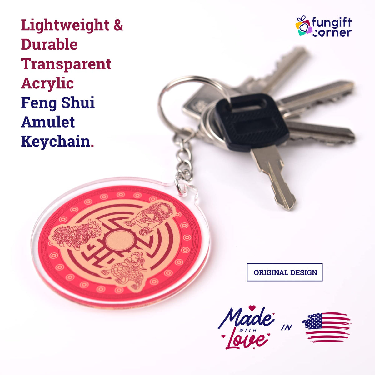 Set of 2 Three Celestials Protection Shield Amulet Keychains, Feng Shui Symbol for Protection, 2.16" Diameter x 0.16"H Thick, Lightweight and Durable Transparent Acrylic, Split Ring Closure Keychains - Store Feng Shui