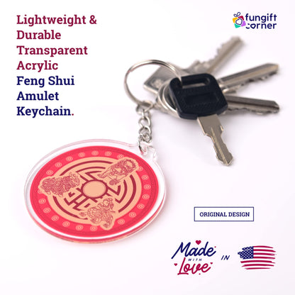 Set of 2 Three Celestials Protection Shield Amulet Keychains, Feng Shui Symbol for Protection, 2.16" Diameter x 0.16"H Thick, Lightweight and Durable Transparent Acrylic, Split Ring Closure Keychains - Store Feng Shui