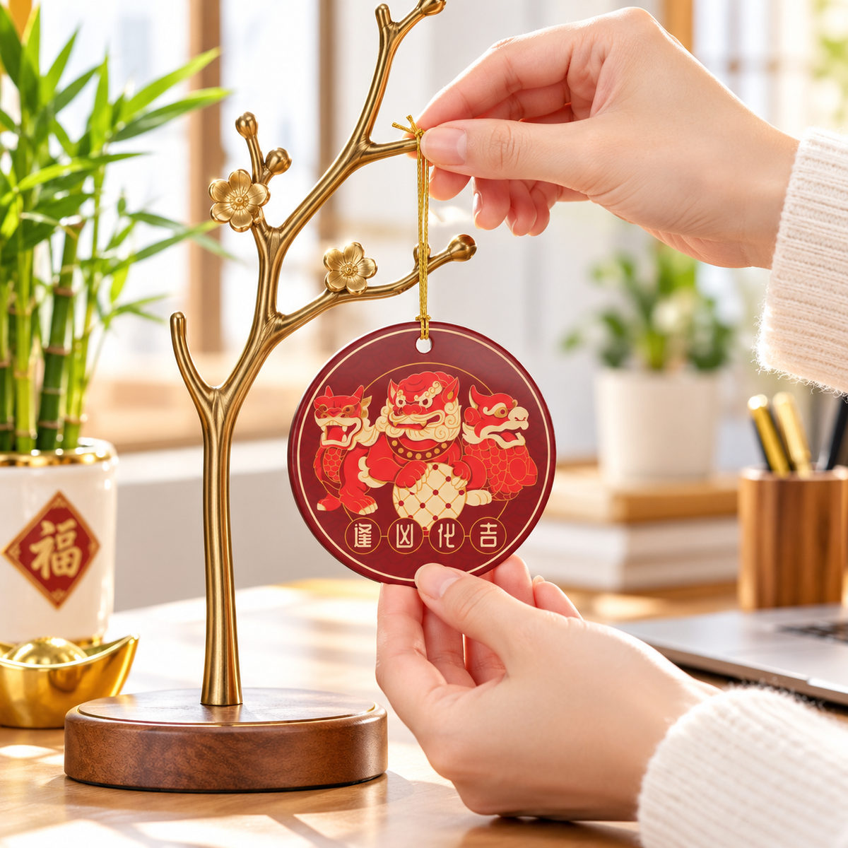 Three Celestial Guardians Feng Shui Ceramic Amulet – Chi Lin, Pi Yao and Fu Dog
