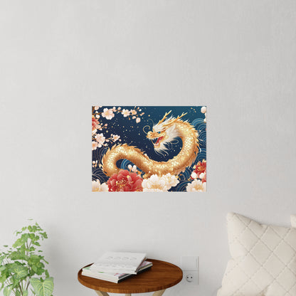 Golden Dragon Feng Shui Wall Decal, Chinese Dragon and Peony Wall Art, Removable Wall Sticker for Home Office Decor