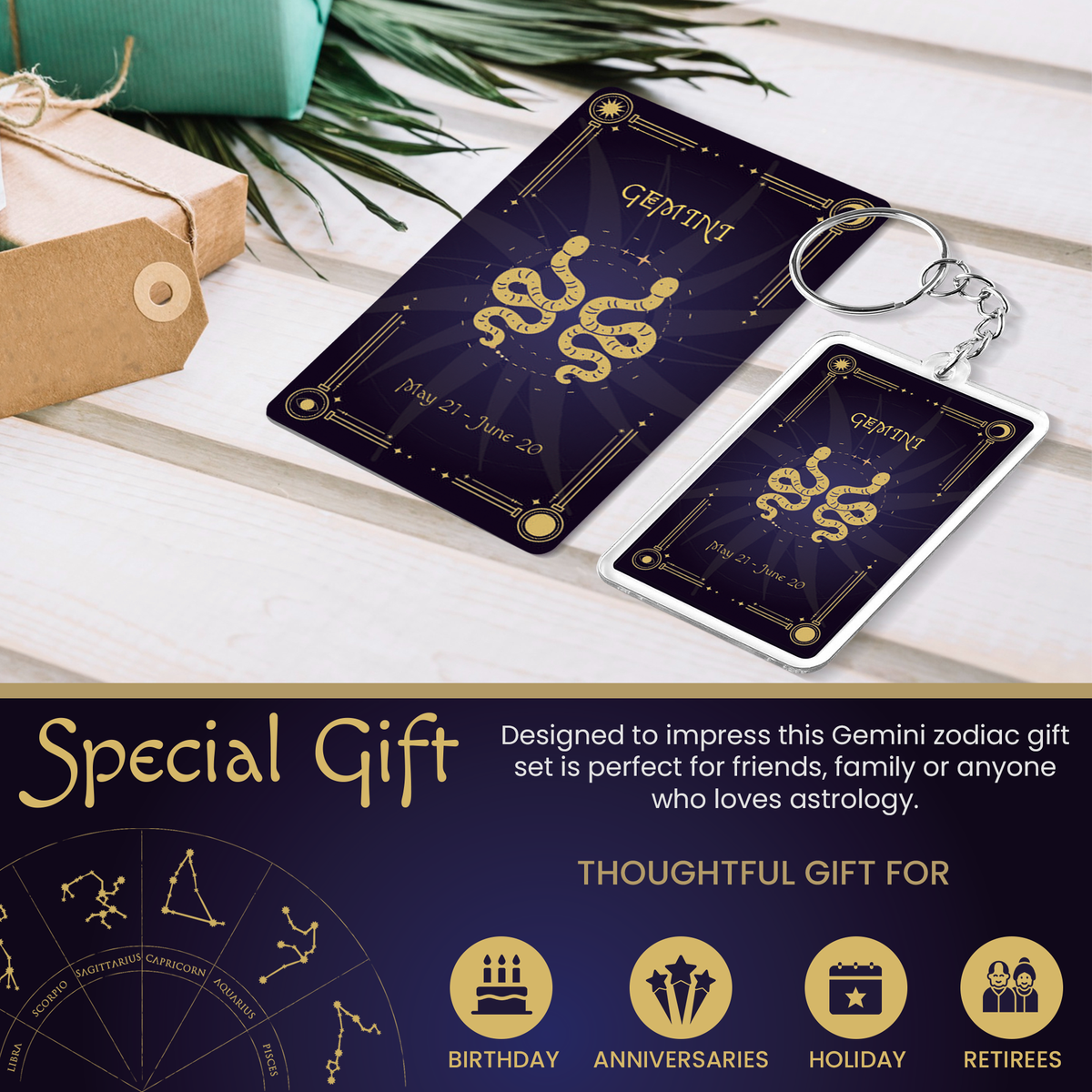 Gemini Zodiac Gift Set, Astrology Horoscope Keychain and Card, Unique Gemini Birthday Gift for Women and Men, May June Zodiac Sign Constellation Accessory, Made in USA (2-Pack)
