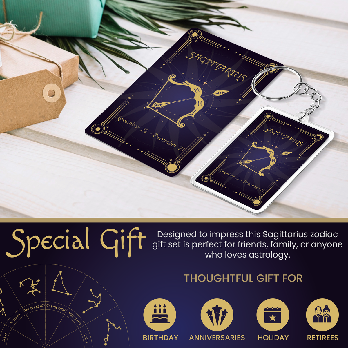 Sagittarius Zodiac Gift Set, Astrology Horoscope Keychain and Card, Unique Sagittarius Birthday Gift for Women and Men, November December Zodiac Sign Constellation Accessory, Made in USA (2-Pack)