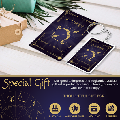 Sagittarius Zodiac Gift Set, Astrology Horoscope Keychain and Card, Unique Sagittarius Birthday Gift for Women and Men, November December Zodiac Sign Constellation Accessory, Made in USA (2-Pack)