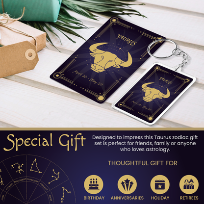 Taurus Zodiac Gift Set, Astrology Horoscope Keychain and Card, Unique Taurus Birthday Gift for Women and Men, April May Zodiac Sign Constellation Accessory, Made in USA (2-Pack)