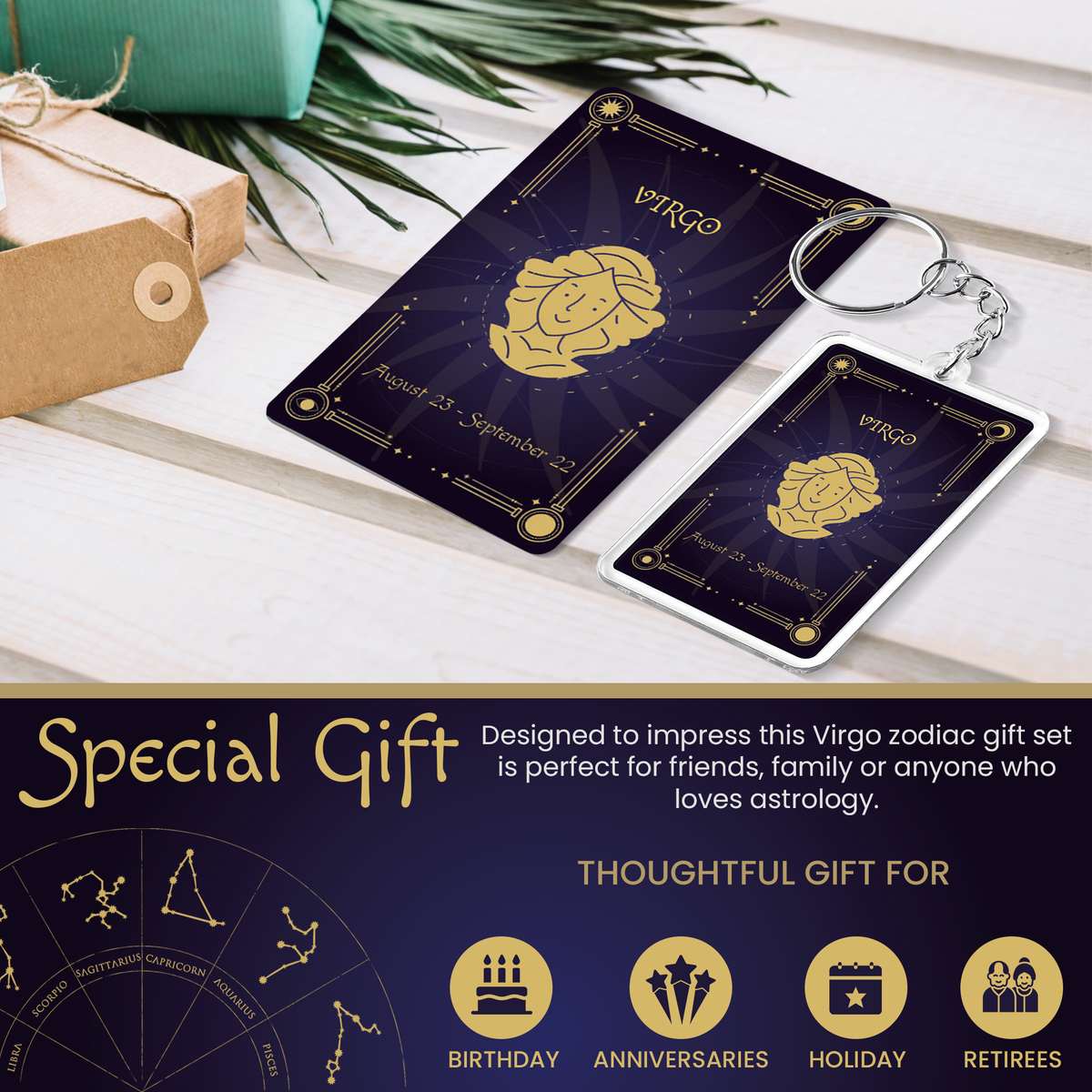 Virgo Zodiac Gift Set, Astrology Horoscope Keychain and Card, Unique Virgo Birthday Gift for Women and Men, August September Zodiac Sign Constellation Accessory, Made in USA (2-Pack)