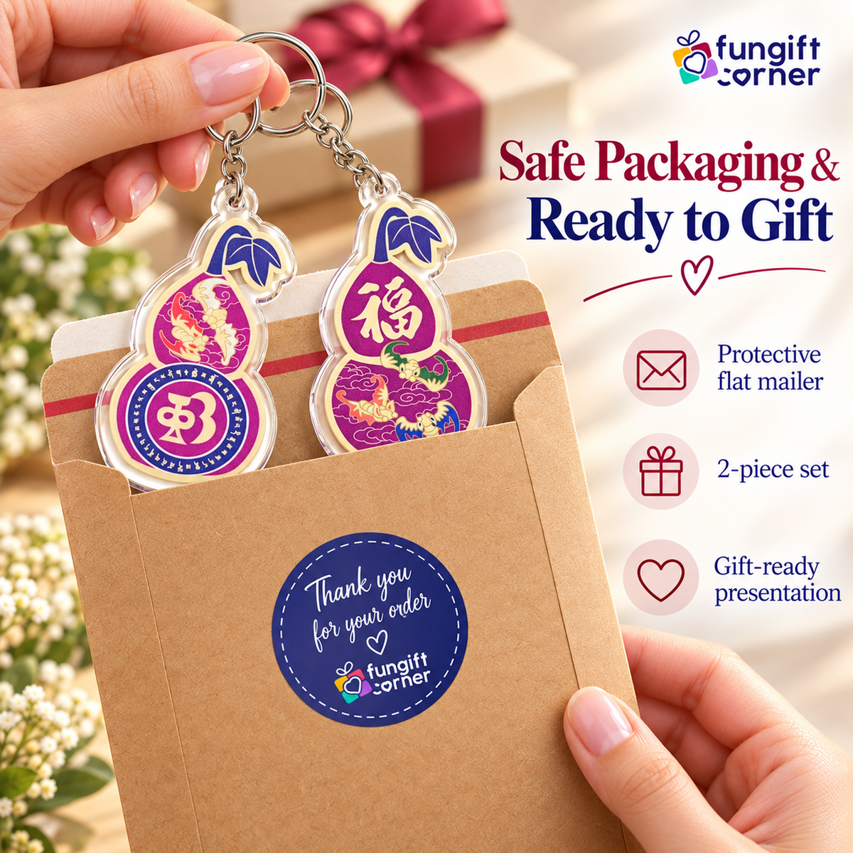 Five Blessings Wu Lou Amulet Feng Shui Keychains (2 Pack)