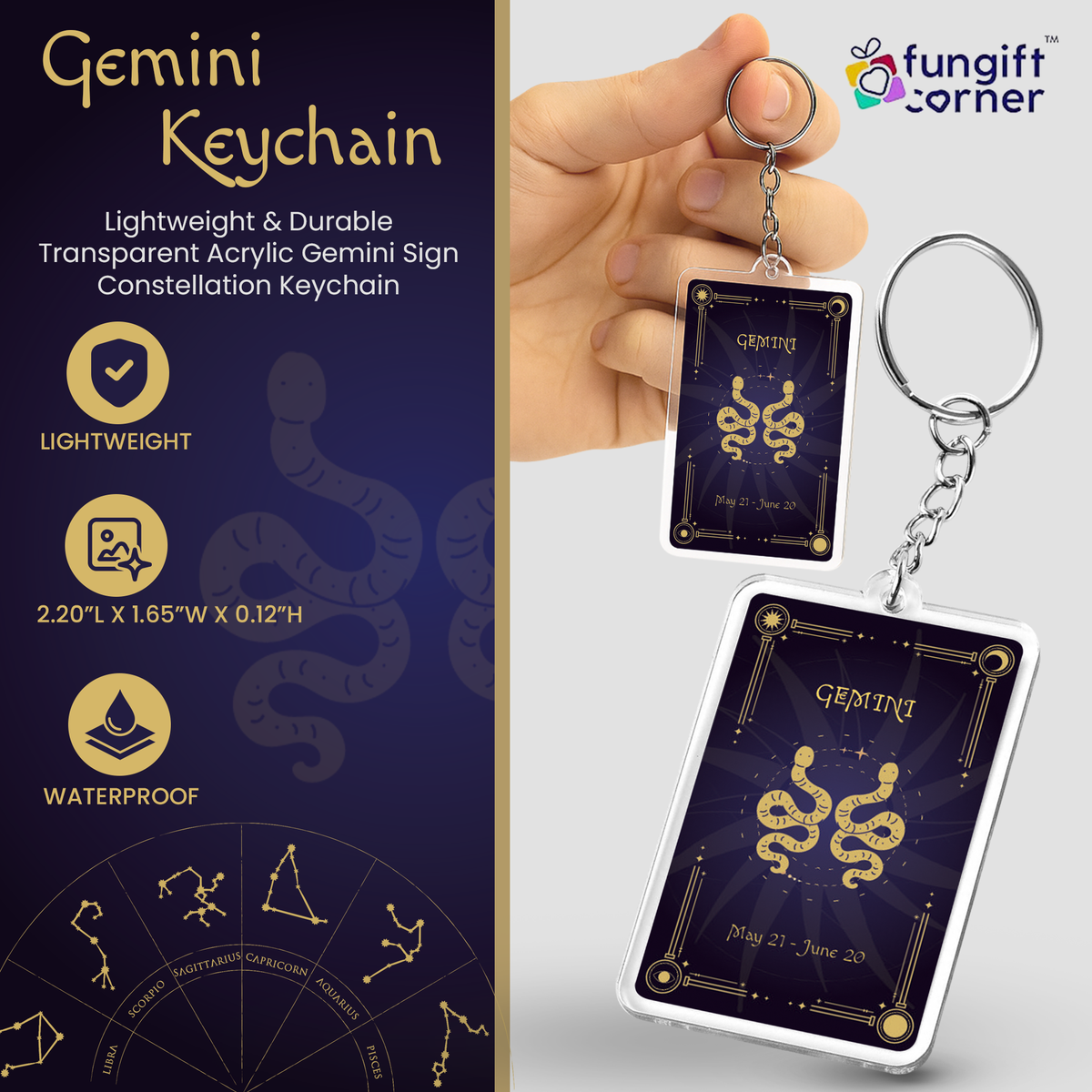 Gemini Zodiac Gift Set, Astrology Horoscope Keychain and Card, Unique Gemini Birthday Gift for Women and Men, May June Zodiac Sign Constellation Accessory, Made in USA (2-Pack)