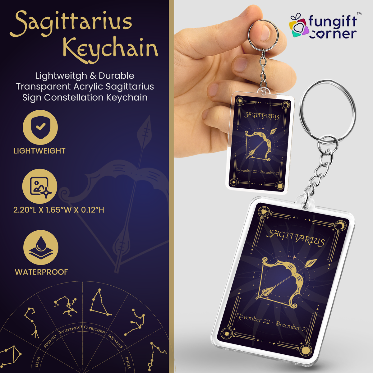 Sagittarius Zodiac Gift Set, Astrology Horoscope Keychain and Card, Unique Sagittarius Birthday Gift for Women and Men, November December Zodiac Sign Constellation Accessory, Made in USA (2-Pack)