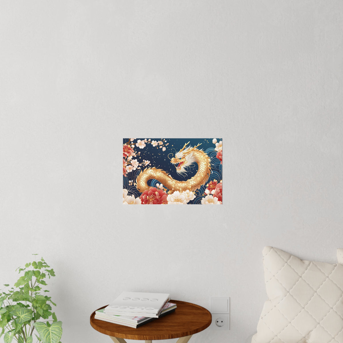 Golden Dragon Feng Shui Wall Decal, Chinese Dragon and Peony Wall Art, Removable Wall Sticker for Home Office Decor