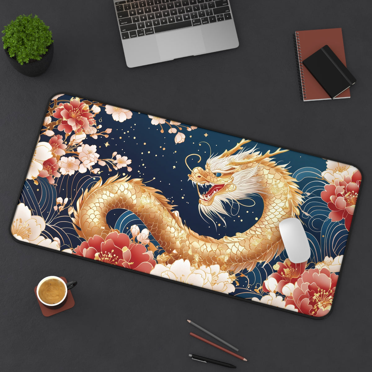Golden Chinese Dragon Feng Shui Desk Mat, Wealth, Prosperity & Yang Energy Office Decor, 16x32 Neoprene Large Mouse Pad Gift