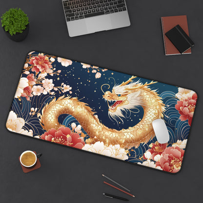 Golden Chinese Dragon Feng Shui Desk Mat, Wealth, Prosperity & Yang Energy Office Decor, 16x32 Neoprene Large Mouse Pad Gift