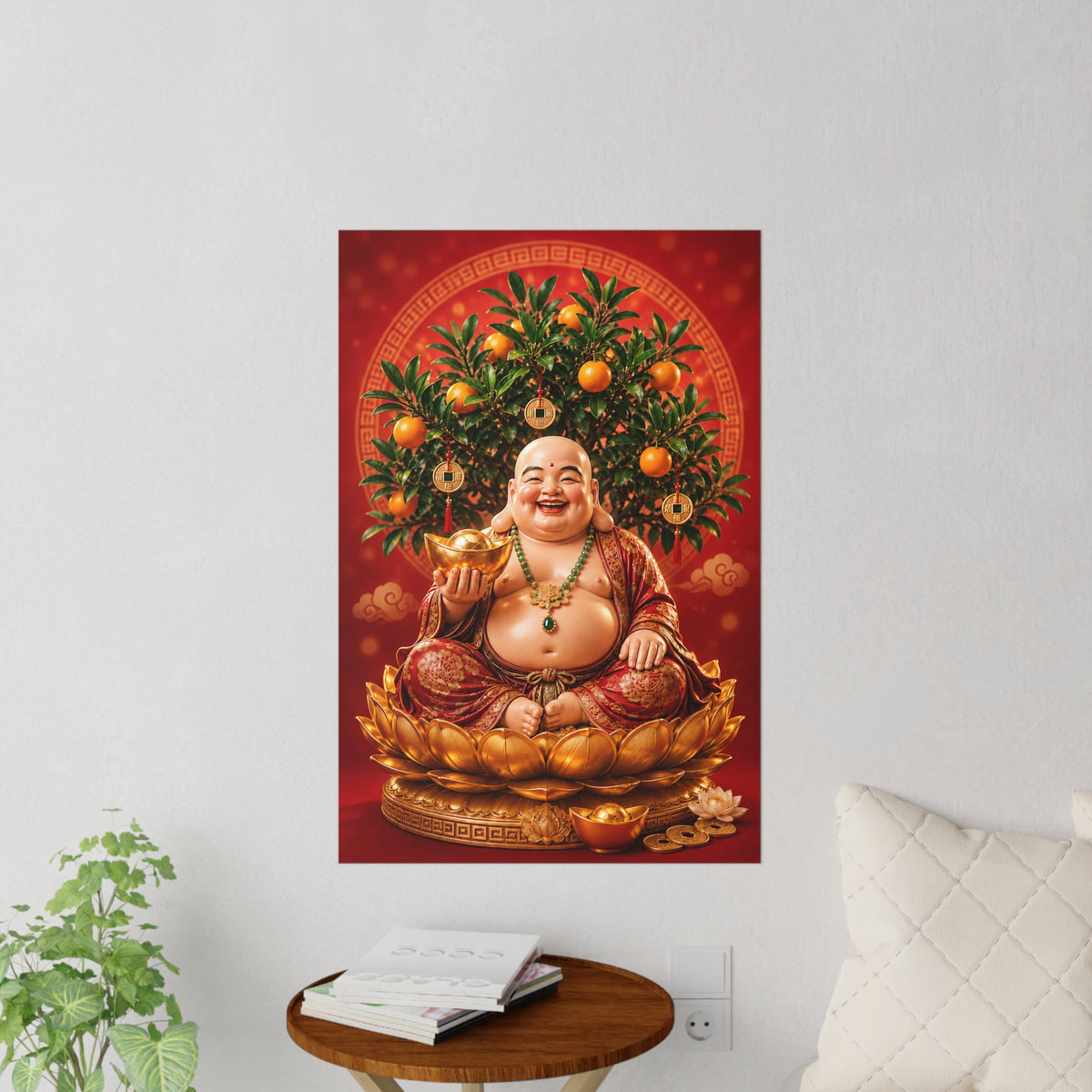Laughing Buddha Wall Decal, Feng Shui Prosperity Art with Mandarin Tree and Gold Ingot