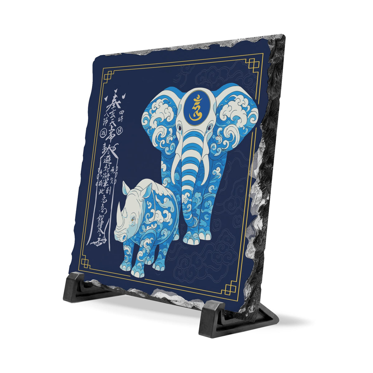 Anti Burglary Feng Shui Slate Plaque, Blue Rhino and  Elephant