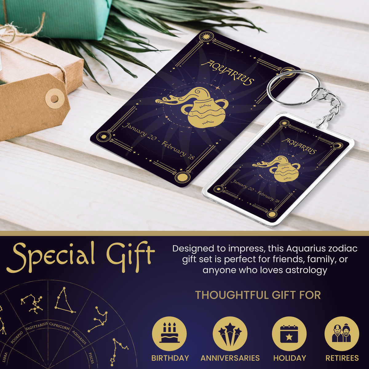 Aquarius Zodiac Gift Set, Astrology Horoscope Keychain and Card, Unique Aquarius Birthday Gift for Women and Men, January February Zodiac Sign Constellation Accessory (2-Pack)