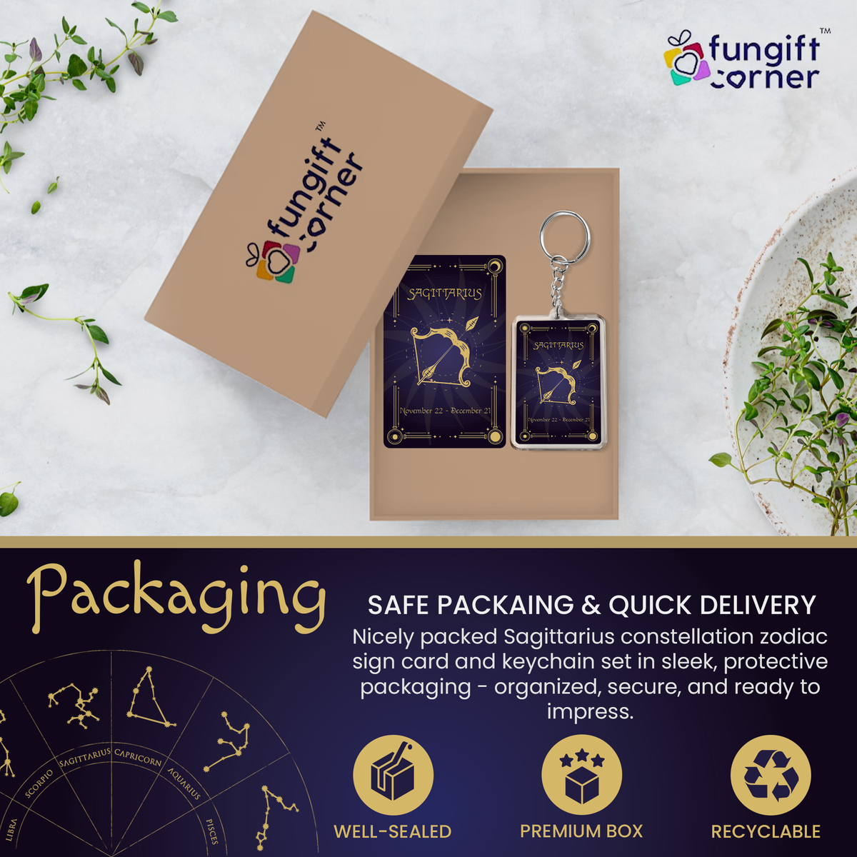Sagittarius Zodiac Gift Set, Astrology Horoscope Keychain and Card, Unique Sagittarius Birthday Gift for Women and Men, November December Zodiac Sign Constellation Accessory, Made in USA (2-Pack)