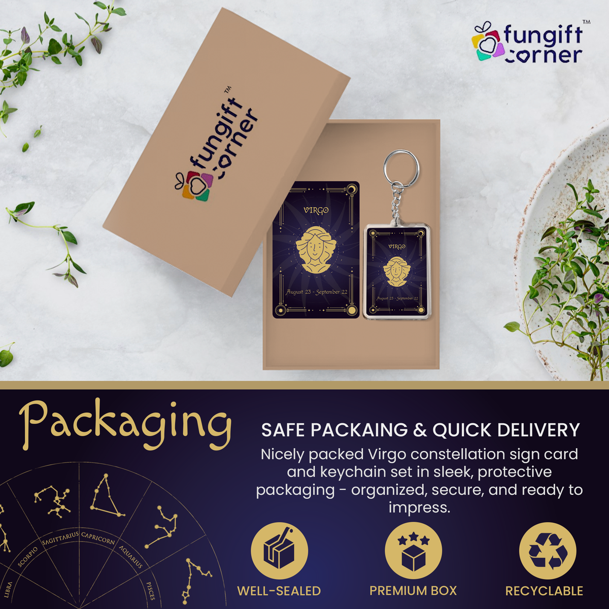 Virgo Zodiac Gift Set, Astrology Horoscope Keychain and Card, Unique Virgo Birthday Gift for Women and Men, August September Zodiac Sign Constellation Accessory, Made in USA (2-Pack)