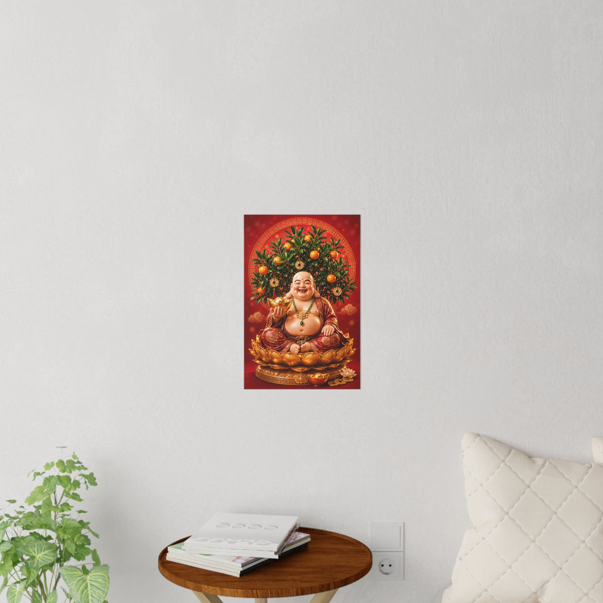 Laughing Buddha Wall Decal, Feng Shui Prosperity Art with Mandarin Tree and Gold Ingot