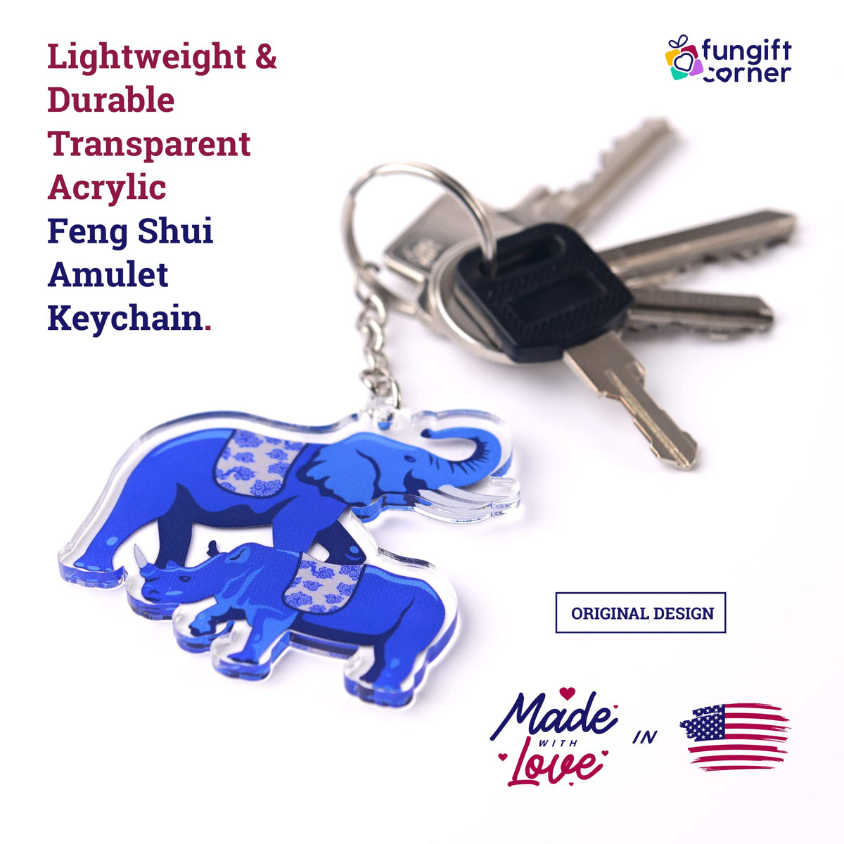 Juego de 2 llaveros de amuleto antirrobo con elefante azul y rinoceronte, símbolo de Feng Shui para protección 2.27" L x 2.15 W x 0.16" H, acrílico transparente ligero y duradero, llaveros con cierre de anillo dividido