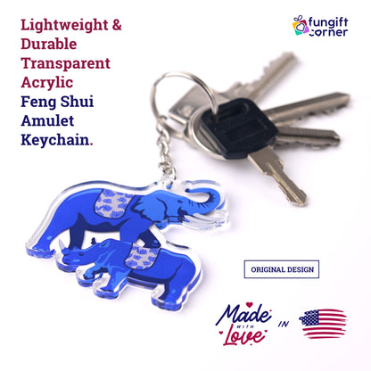 Juego de 2 llaveros de amuleto antirrobo con elefante azul y rinoceronte, símbolo de Feng Shui para protección 2.27" L x 2.15 W x 0.16" H, acrílico transparente ligero y duradero, llaveros con cierre de anillo dividido