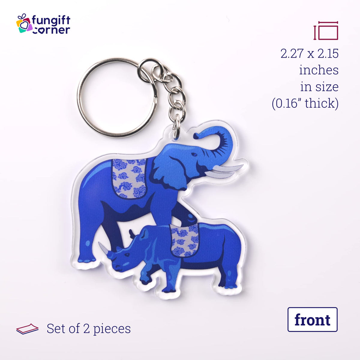 Juego de 2 llaveros de amuleto antirrobo con elefante azul y rinoceronte, símbolo de Feng Shui para protección 2.27" L x 2.15 W x 0.16" H, acrílico transparente ligero y duradero, llaveros con cierre de anillo dividido