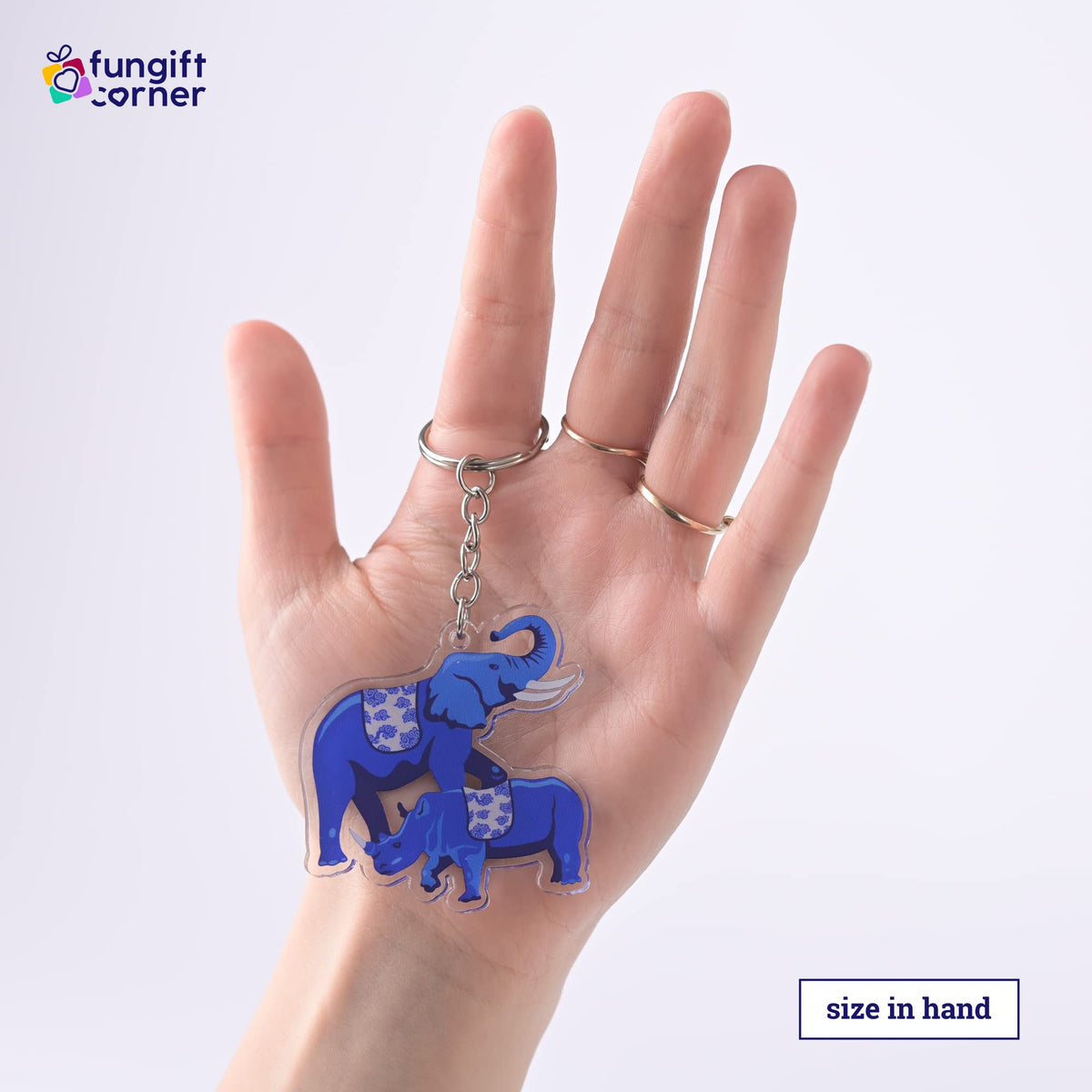 Juego de 2 llaveros de amuleto antirrobo con elefante azul y rinoceronte, símbolo de Feng Shui para protección 2.27" L x 2.15 W x 0.16" H, acrílico transparente ligero y duradero, llaveros con cierre de anillo dividido