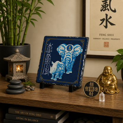 Anti Burglary Feng Shui Slate Plaque, Blue Rhino and  Elephant