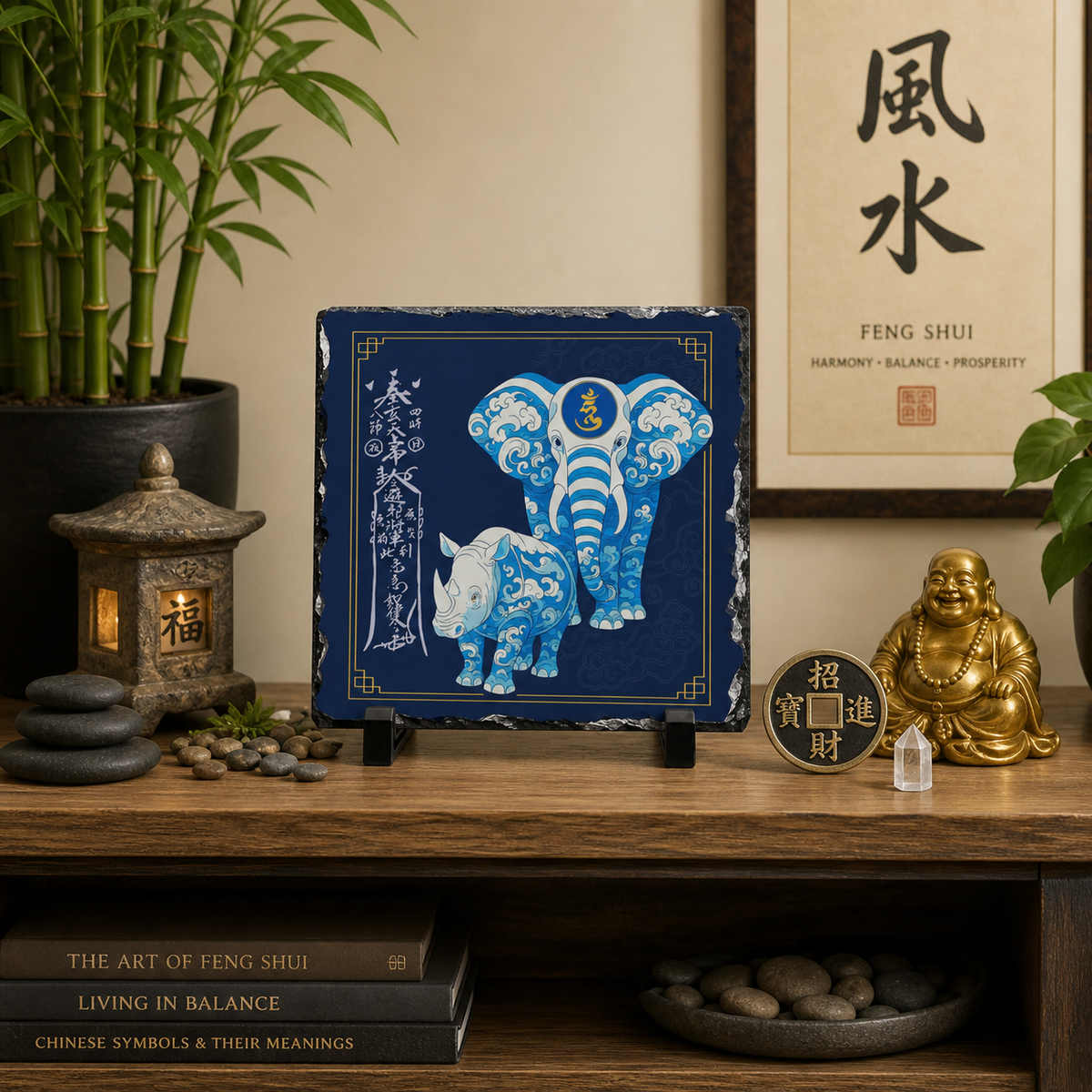 Anti Burglary Feng Shui Slate Plaque, Blue Rhino and  Elephant