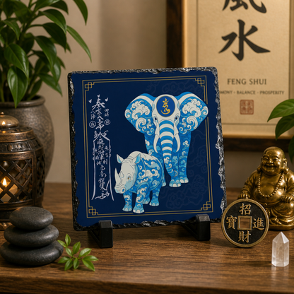 Anti Burglary Feng Shui Slate Plaque, Blue Rhino and  Elephant