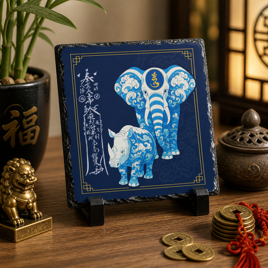 Anti Burglary Feng Shui Slate Plaque, Blue Rhino and  Elephant