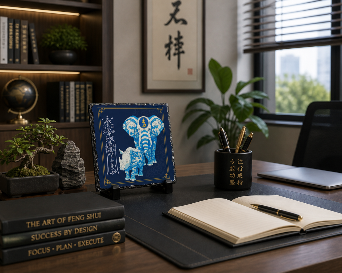 Anti Burglary Feng Shui Slate Plaque, Blue Rhino and  Elephant