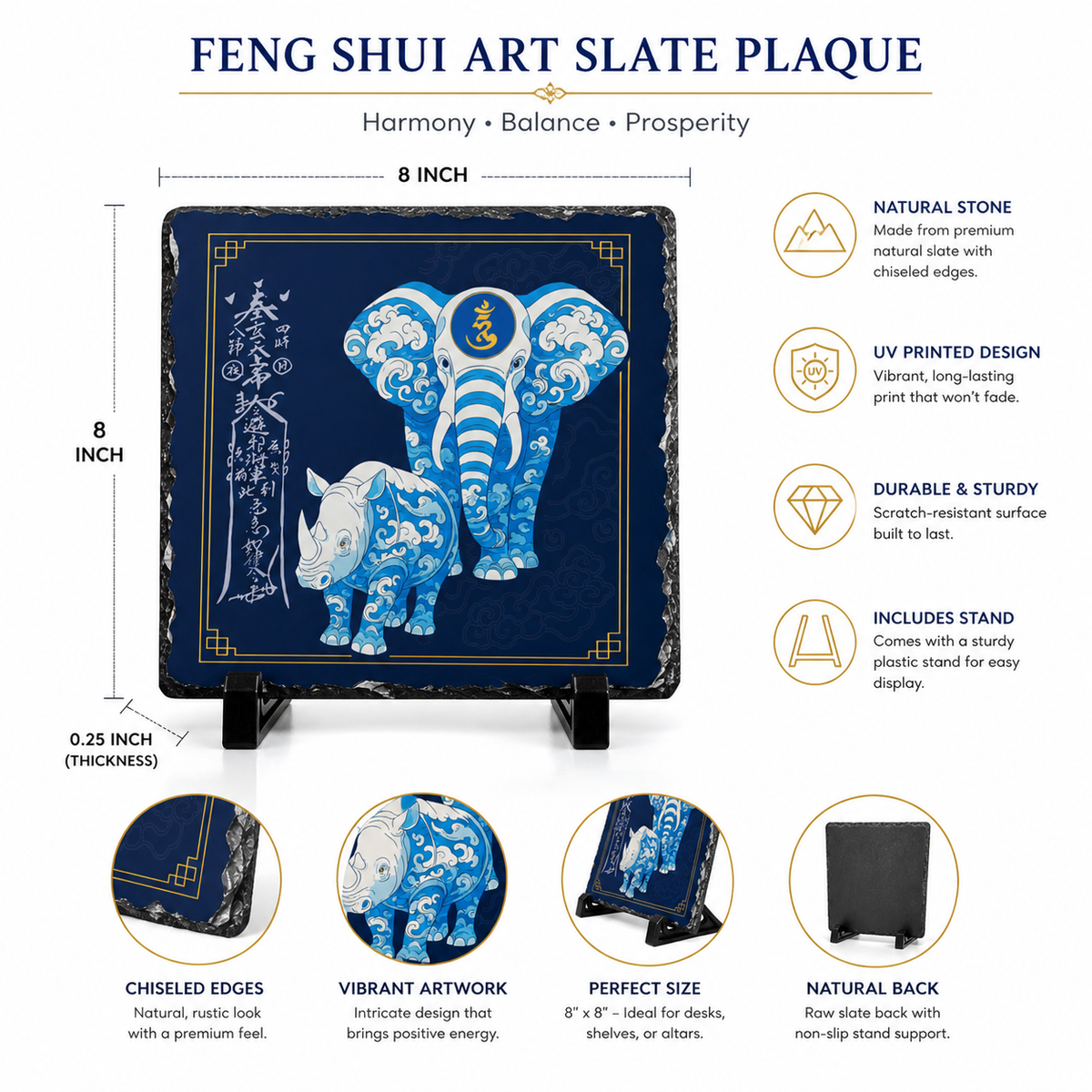 Anti Burglary Feng Shui Slate Plaque, Blue Rhino and  Elephant