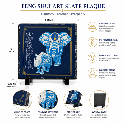 Anti Burglary Feng Shui Slate Plaque, Blue Rhino and  Elephant