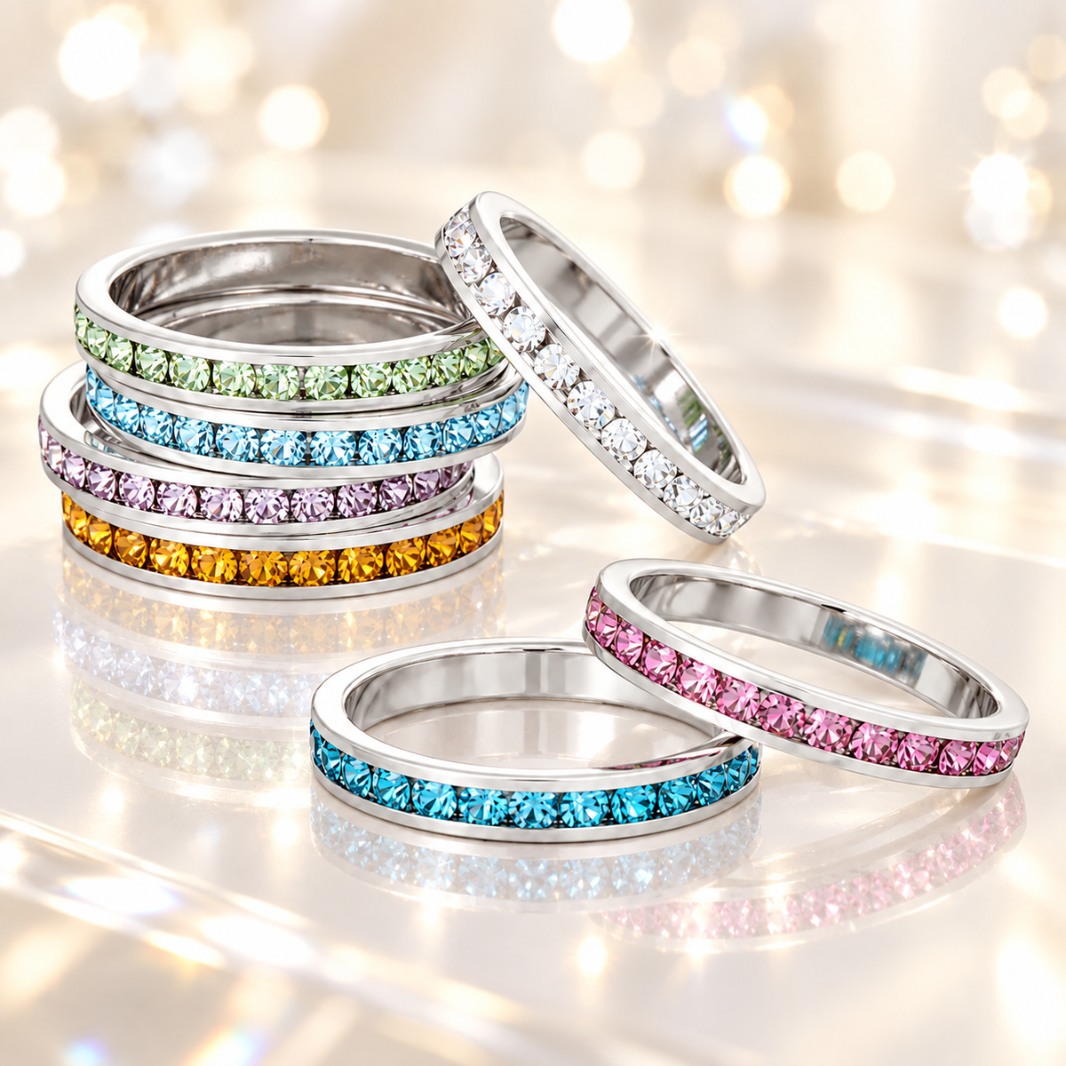 Birthstone Crystal Stackable Eternity Band Ring, Rhodium-Plated, Swarovski Crystal, 14 Colors