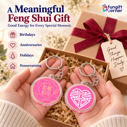 Double Happiness Love Feng Shui Keychains, Acrylic (2 Pack)