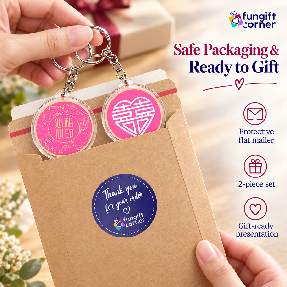 Double Happiness Love Feng Shui Keychains, Acrylic (2 Pack)