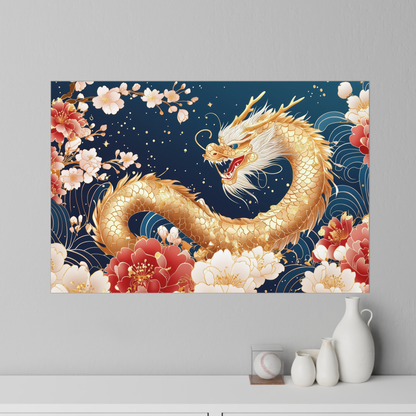 Golden Dragon Feng Shui Wall Decal, Chinese Dragon and Peony Wall Art, Removable Wall Sticker for Home Office Decor